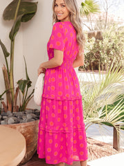 Rose Double Polka Dot Short Sleeve Shirred High Waist Midi Dress - Miniatuur