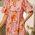 Pink Striped Floral Print Tie Neck Puff Sleeve Loose Mini Dress - Foto 5