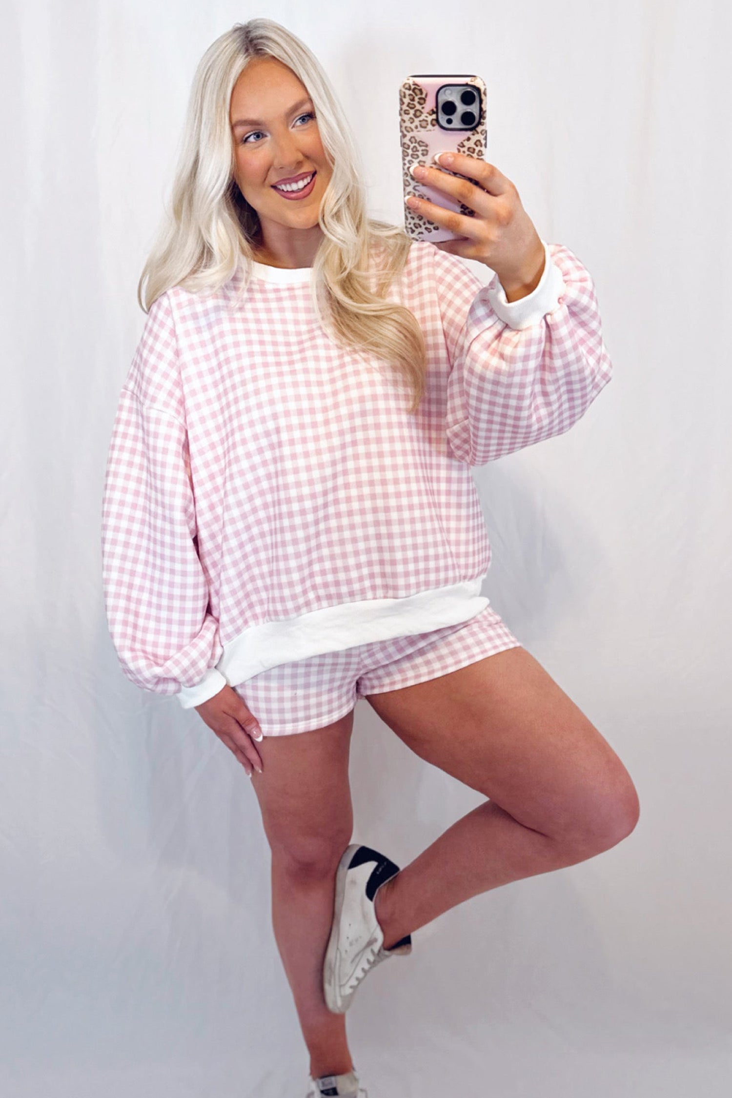 Himmelblå ternet poset pullover med træksnor Casual Shorts 2 stk. Outfit