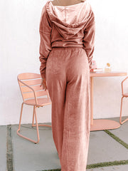 Ensemble sweat à capuche en velours en velours de Pêcher et pantalon large jambe - Miniatuur