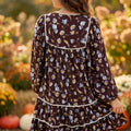 Brown Floral Print Shirred V Neck Shift Dress - Damesmode Afbeelding 2 - Foto 2
