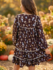 Robe à décolleté en V à motifs floraux marron - Damesmode Afbeelding 2 - Miniatuur
