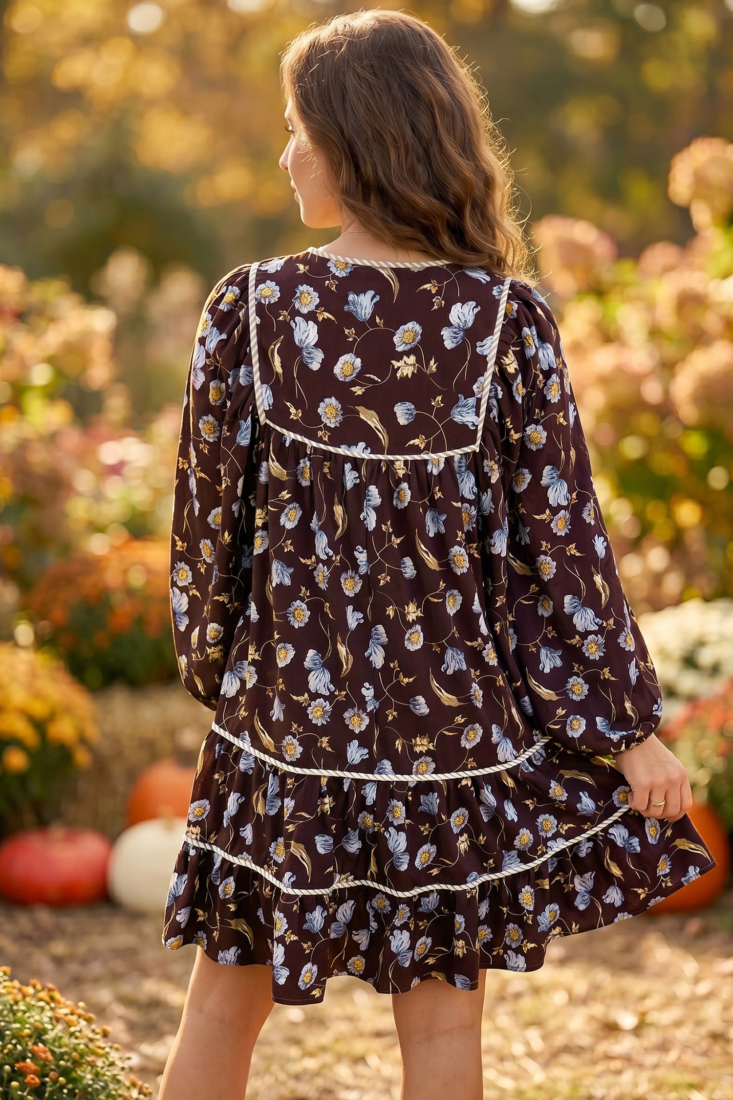 Brown Floral Print Shirred V Neck Shift Dress - Damesmode Afbeelding 2