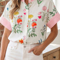 Beige Floral Striped Patchwork Ruffled Collar Short Sleeve Shirt - Damesmode Afbeelding 4 - Foto 4