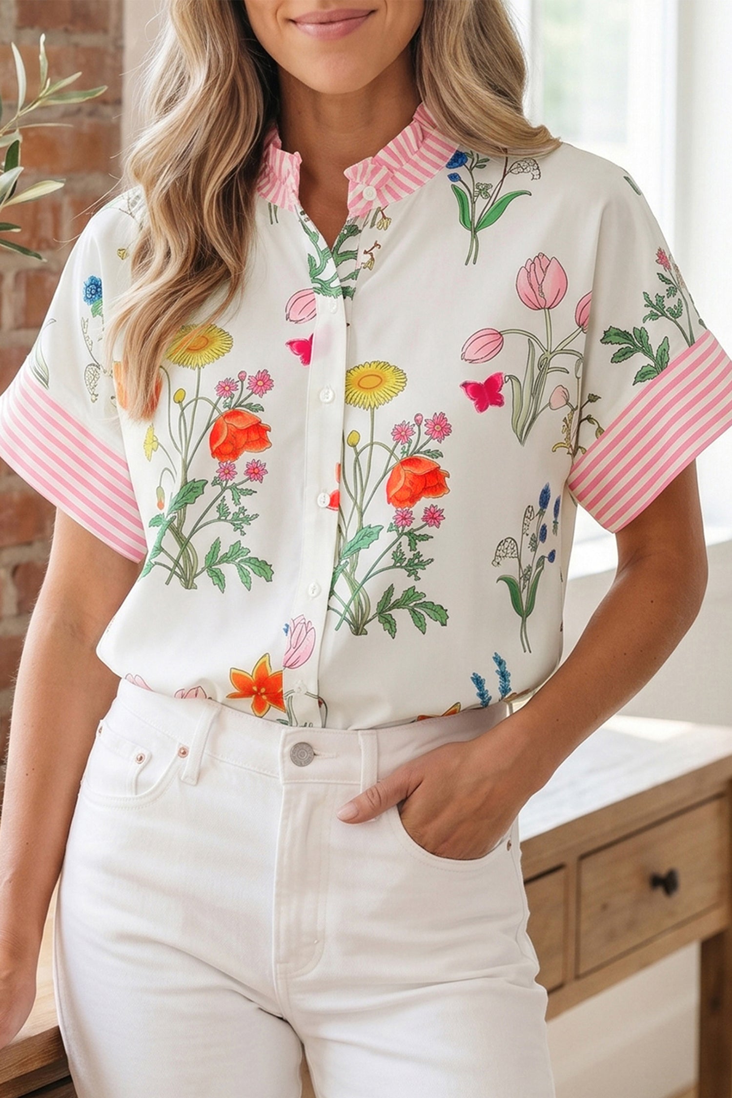Beige Floral Striped Patchwork Ruffled Collar Short Sleeve Shirt - Damesmode Afbeelding 4