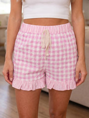 Sky Blue Gingham Print Ruffle Striped Detail Lace Tie Shorts - Miniatuur