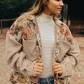 Khaki Floral Waffle Knit Patchwork Brusttaschen, geknöpfte Jacke - Foto 3