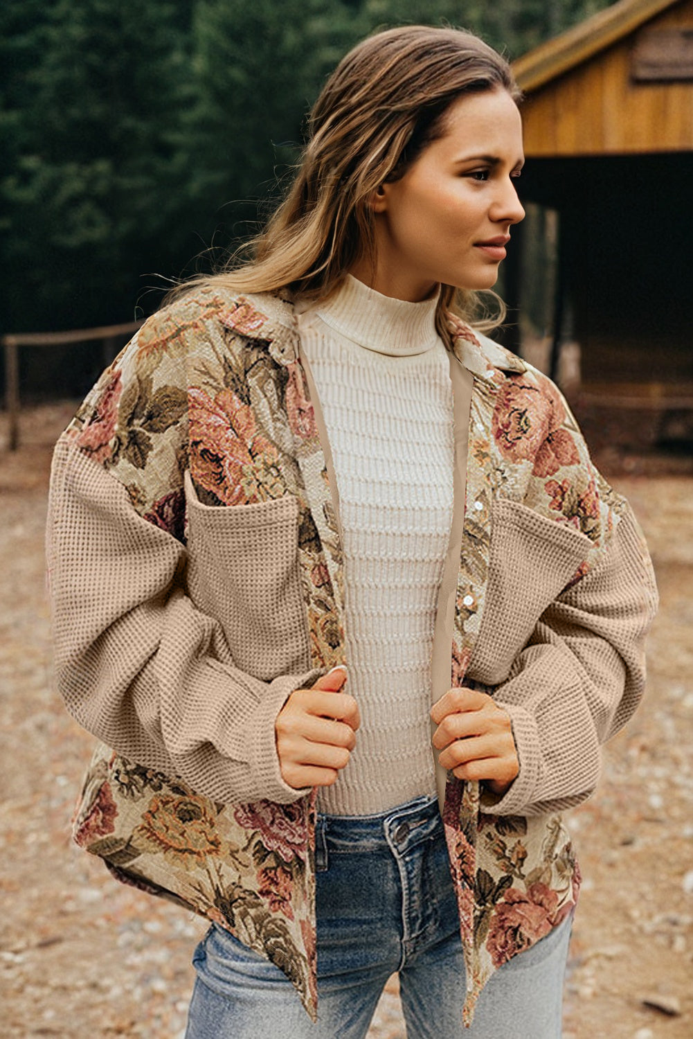 Khaki Floral Waffle Knit Patchwork Brusttaschen, geknöpfte Jacke