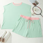 Clearly Aqua Plus Size Ribbed Color Block Trim Drawstring Shorts 2pcs Set - Thumbnail