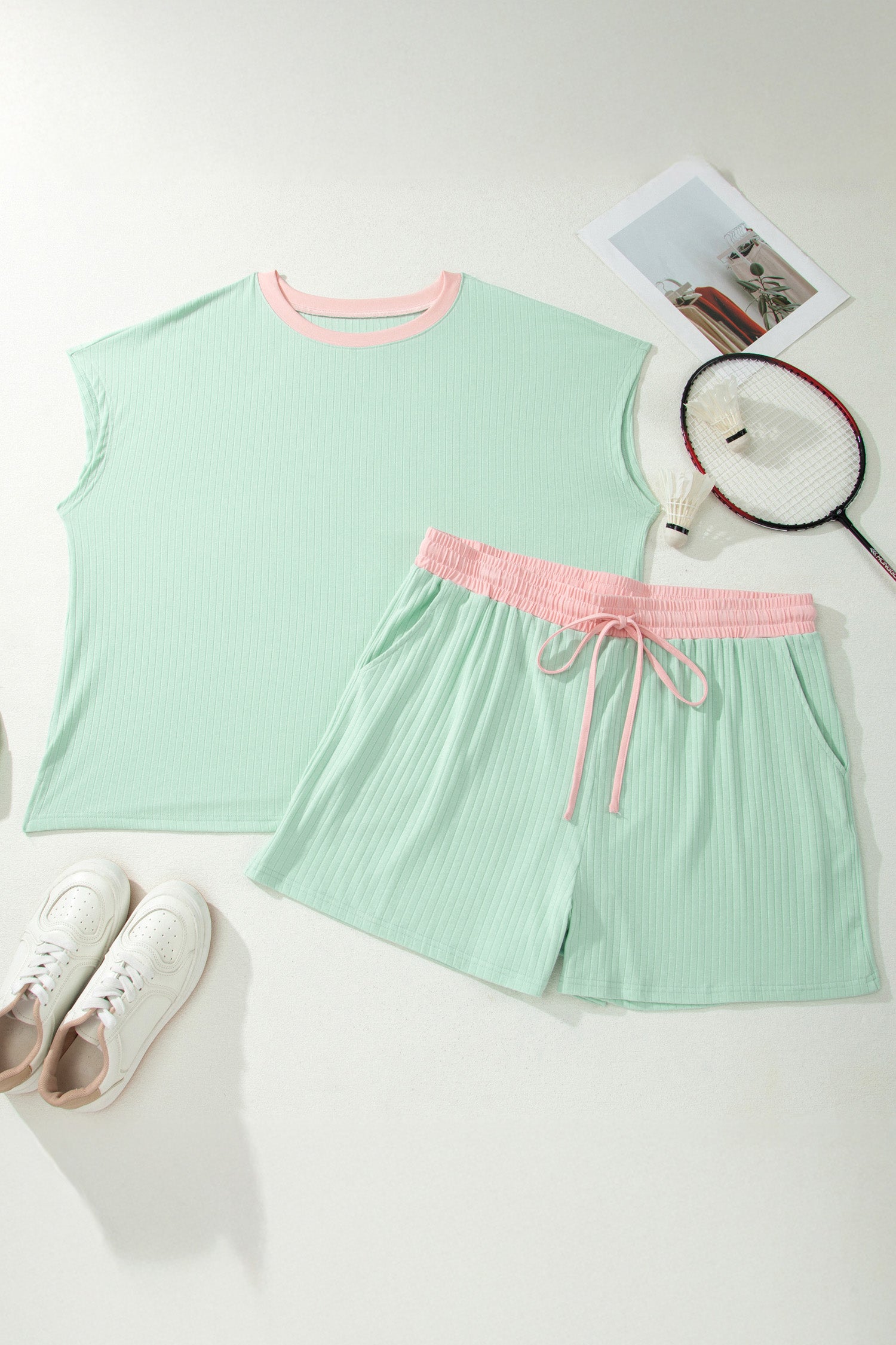 Clearly Aqua Plus Size Rippen-Farbblock-Trim-Kordel-Shorts 2-teiliges Set