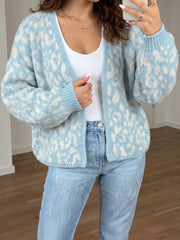 Cardigan a maglia a maglia a maniche lunghe con stampa leopardo azzurro chiaro, scollo a V - Miniatuur