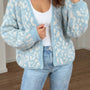Cardigan a maglia a maglia a maniche lunghe con stampa leopardo azzurro chiaro, scollo a V