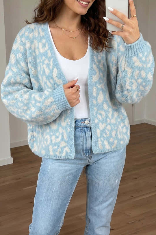 Cardigan a maglia a maglia a maniche lunghe con stampa leopardo azzurro chiaro, scollo a V