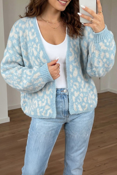 Light Blauw Leopard Print V Neck Long Sleeve Loose Fit Knit Cardigan