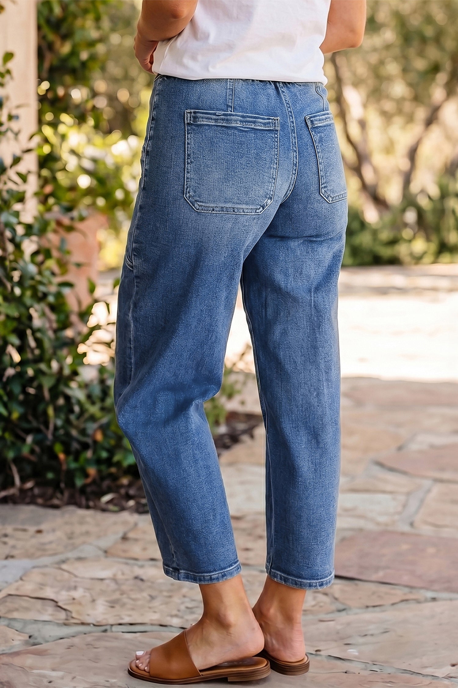 Ashleigh Blue Drawstring Waist Ankle Length Casual Jeans Regular Fit Pocket Detail Denim Pants - Damesmode Afbeelding 3