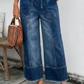 Beau Blue Drawstring Seam Detail Raw Hem Wide Leg Denim Pants - Damesmode Afbeelding 6 - Foto 6