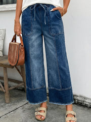 Beau Blue Drawstring Seam Detail Raw Hem Wide Leg Denim Pants - Damesmode Afbeelding 6 - Miniatuur