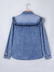 Dusk Blue Vintage Wash Denim Rüschen-Detail Hemd mit Knöpfen - Miniatuur