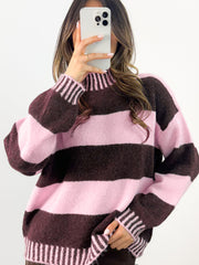Rosa gestreifter Kontrast, hoher Ausschnitt mit gesenktem Schulterpullover und entspanntem Pullover - Miniatuur