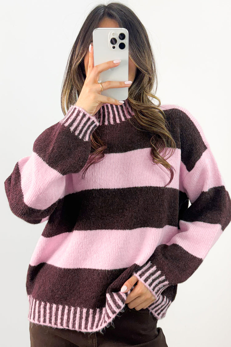 Pink Stripe Contrast High Neck Dropped Shoulder Relaxed Pullover Sweater - Damesmode