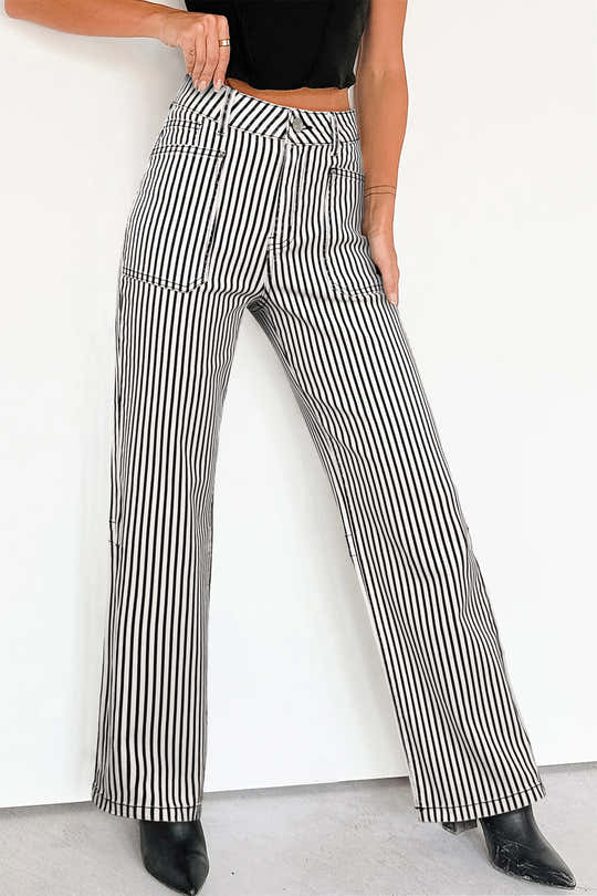 Jeans in denim a maniche nere a righe con tasca alta e Shift - Moda femminile Immagine 1