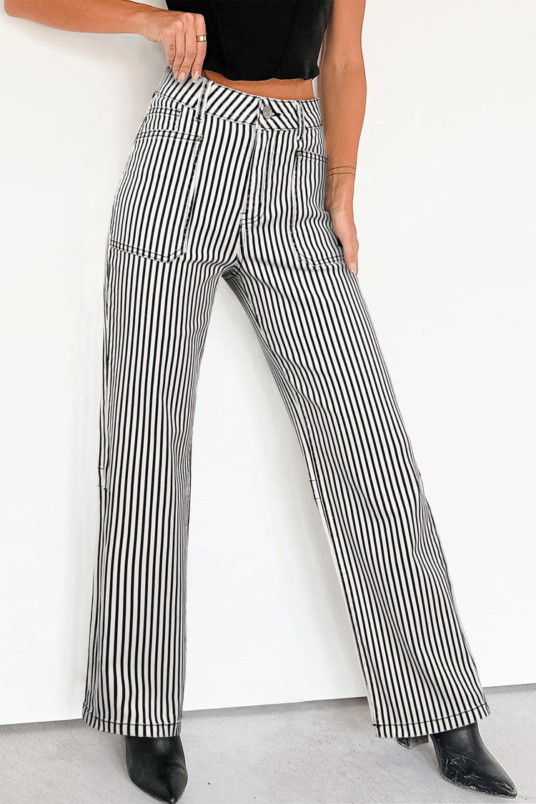 Black Stripe Patch Pocket High Waist Shift Denim Jeans - Damesmode Afbeelding 1 - Damesmode