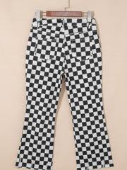 Motif damier noir Trous vieillis, jeans courts à bord brut - Damesmode Afbeelding 5 - Miniatuur
