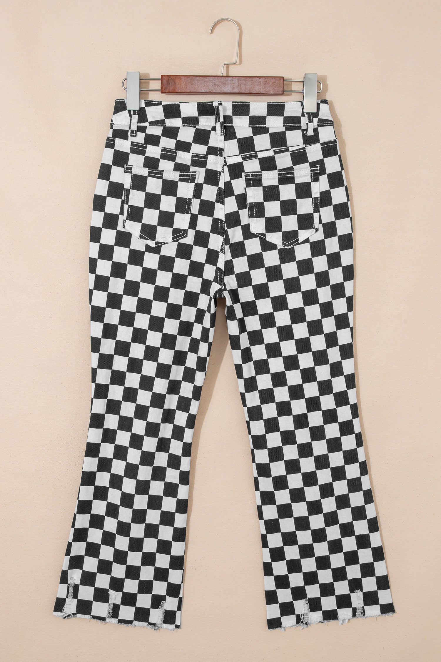 Black Checkerboard Print Distressed Holes Raw Edge Cropped Jeans - Damesmode Afbeelding 5