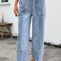 Beau Blue Drawstring Seam Detail Raw Hem Wide Leg Denim Pants - Damesmode Afbeelding 3 - Foto 3
