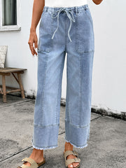 Beau Blue Drawstring Seam Detail Raw Hem Wide Leg Denim Pants - Damesmode Afbeelding 3 - Miniatuur