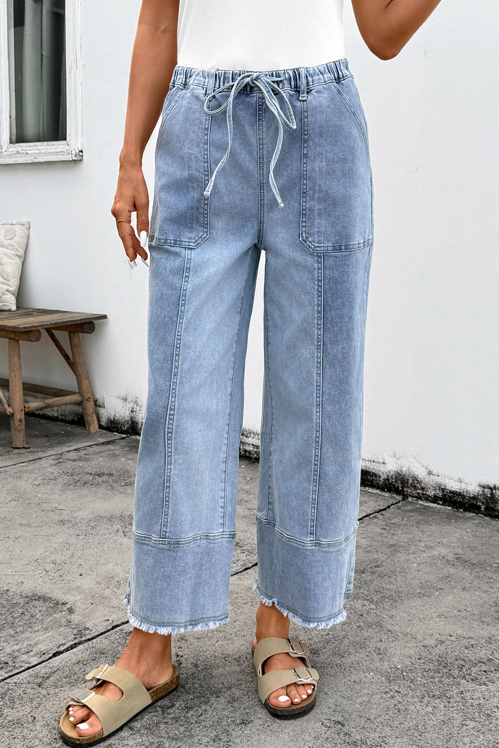 Beau Blue Drawstring Seam Detail Raw Hem Wide Leg Denim Pants - Damesmode Afbeelding 3