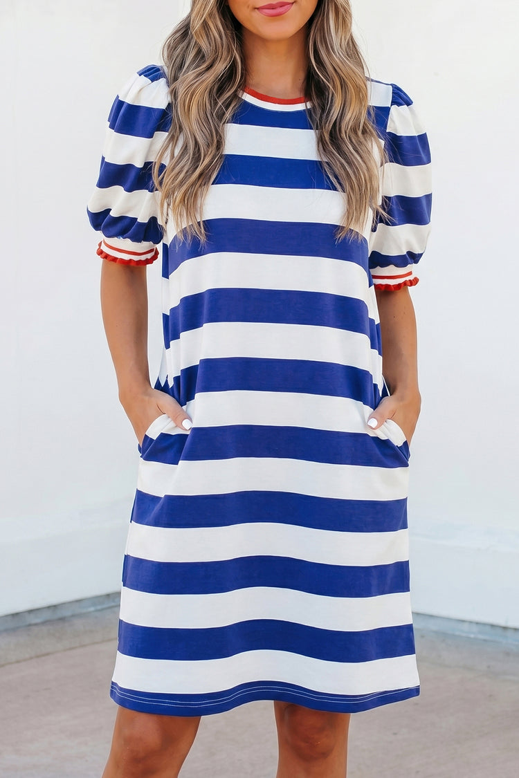 Blue Stripe Contrast Trim Round Neck Short Puff Sleeve Shift Mini Dress - Damesmode Afbeelding 1 - Damesmode