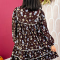 Brown Floral Print Shirred V Neck Shift Dress - Damesmode Afbeelding 5 - Foto 5