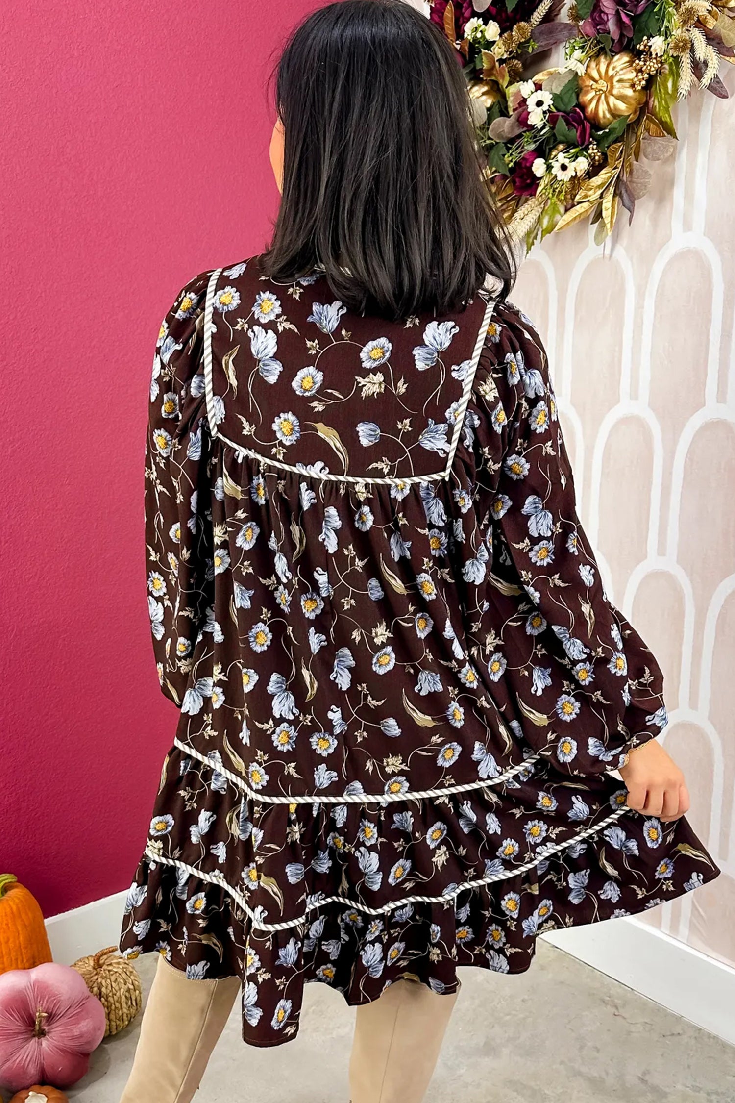 Brown Floral Print Shirred V Neck Shift Dress - Damesmode Afbeelding 5