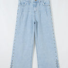 Beau Blue Studded Side Slit Leg Frayed Pocketed Wide Leg Jeans - Damesmode Afbeelding 6 - Thumbnail