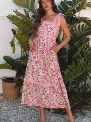 Pinkes Blumenkleid mit Spitzenband und Empire-Taillen-Maxi-Kleidung - Miniatuur