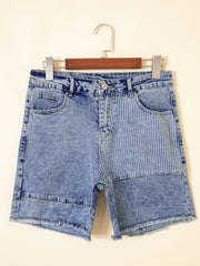 Sky Blue Striped Paisley Mixed Patchwork Raw Hem Denim Shorts - Miniatuur
