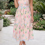 Pink Floral Print Contrast Trim Self-tie Straps High Waist Midi Dress