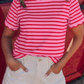 Black Stripe Scalloped Trim Round Neck T Shirt - Damesmode Afbeelding 4 - Foto 4