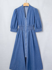 Blu con scollo a V e vita con cerniera metallica e cerniera in jeans - Damesmode Afbeelding 7 - Miniatuur