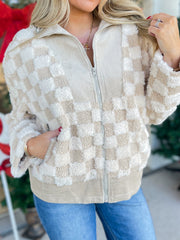 Khaki Checker Sherpa Corduroy Patchwork Lynlåsjakke med krave - Miniatuur