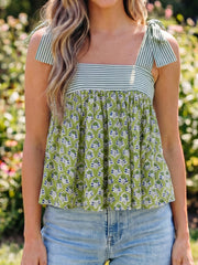 Camiseta de tirantes de nudo con estampado floral verde Babydoll - Miniatuur