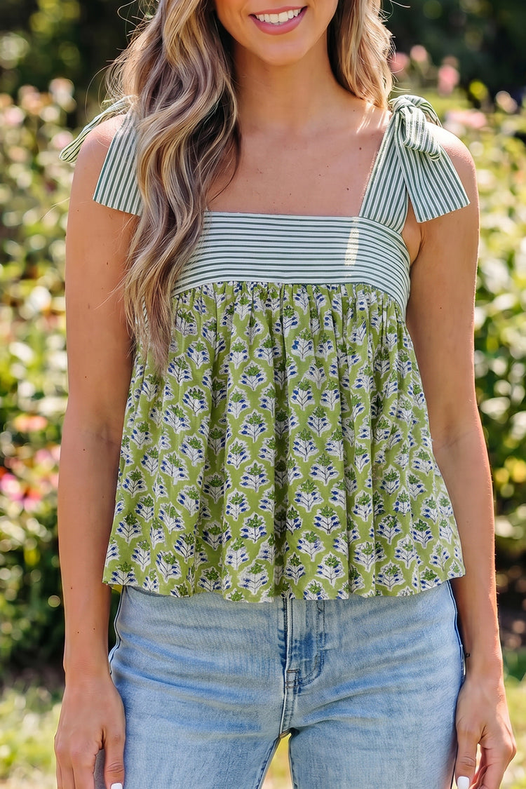 Gréng Blummen-gedréckte Knuetriemen Babydoll Tanktop - Damesmode