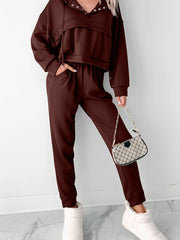 Chicory Coffee Button Kordelzug, geschnittener Hoodie Jogger 2 Stück Set - Miniatuur