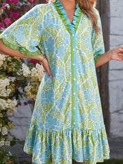 Sky Blue Botanical Floral Print Frilled Trim V Neck Button Front Loose Dress - Miniatuur