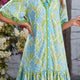 Himmelblo botanesch Blummenprint mat Rüschen-Trim V-Hals-Knäppchen Front locker Kleed