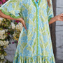 Sky Blue Botanical Floral Print Frilled Trim V Neck Button Front Loose Dress