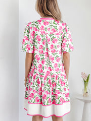 Mehrfarbiges süßes Blumenmuster, gestreiftes Farbblock-Kurzkleid - Miniatuur