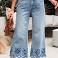 Dämmerungsblo bestickte kuerz Jeans mat breede Been, héich Taille - Foto 6