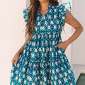 Blue Retro Floral Print Split Neck Ruffle Short Sleeve Dress - Damesmode Afbeelding 1 - Foto 1